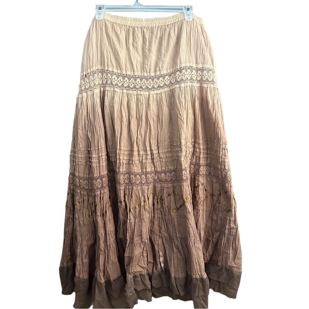 Bellessa Boho Ombre Tiered Layered Maxi Skirt in Beige to Brown Size Large